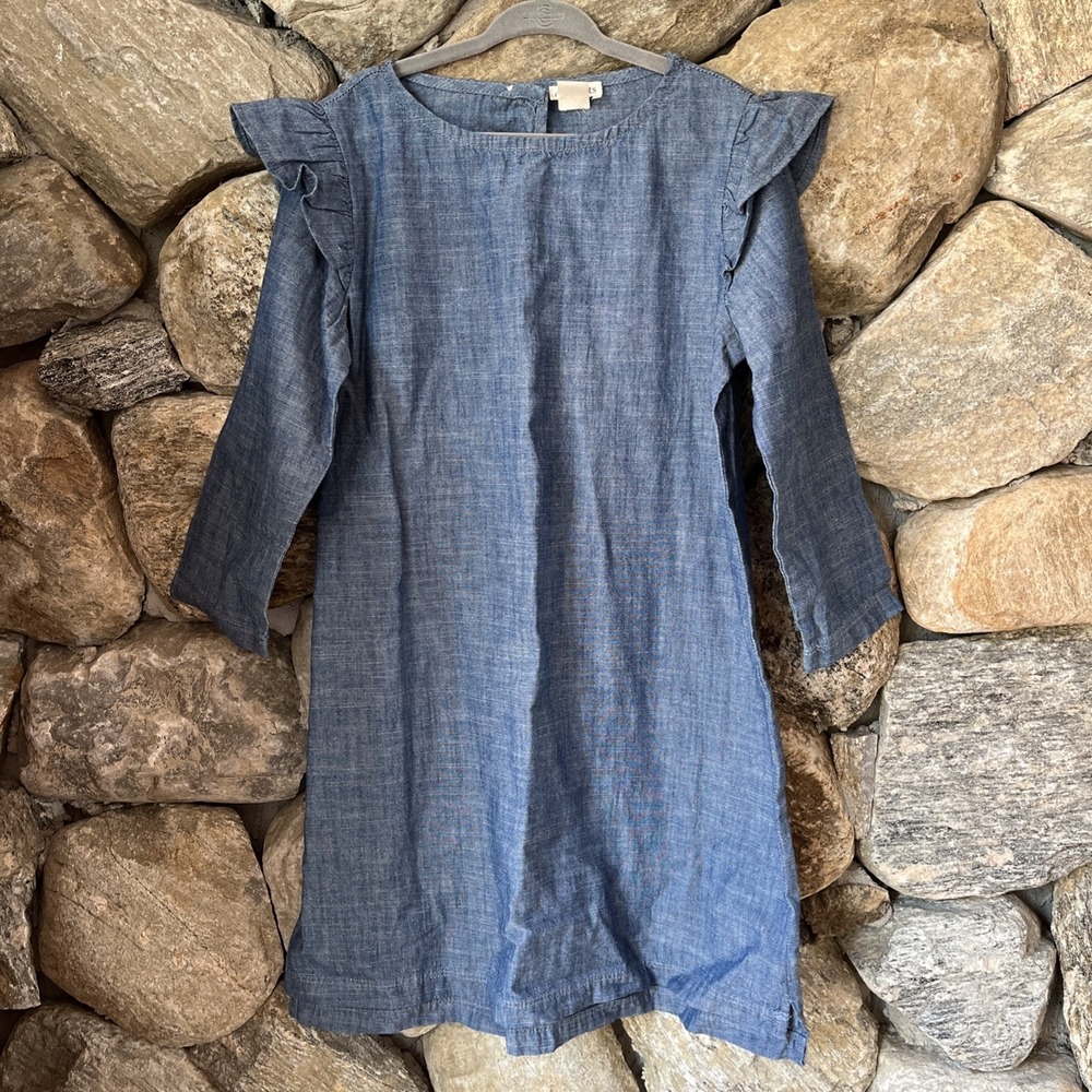 Crewcuts Girls Light Denim Dress Size 7 Long Sleeve Shoulder Ruffles NWOT